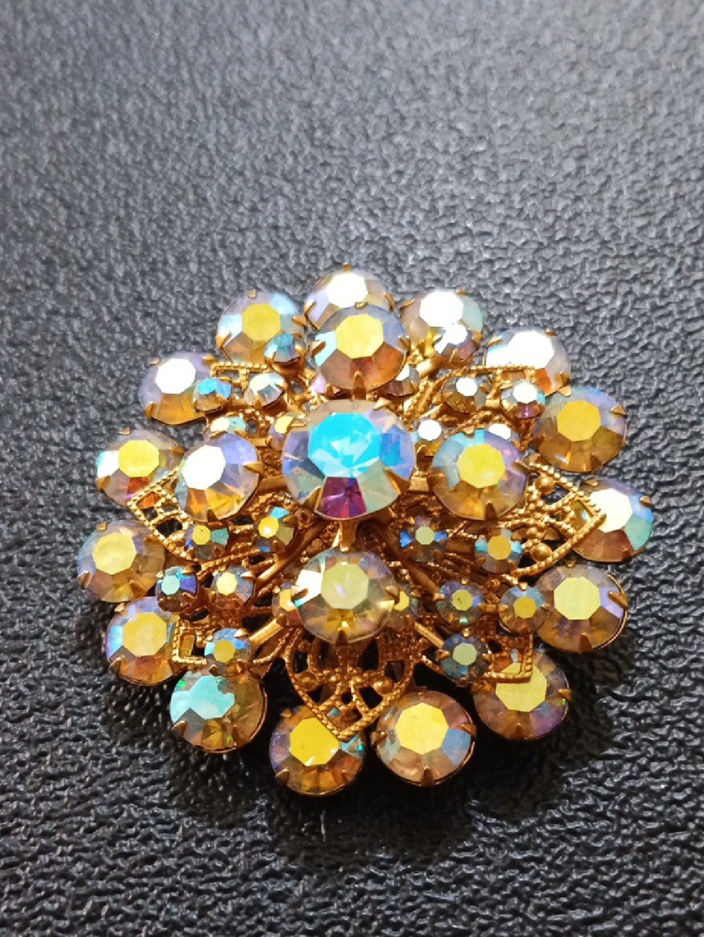 Vintage Aurora Borealis Crystal Gold-Tone Brooch